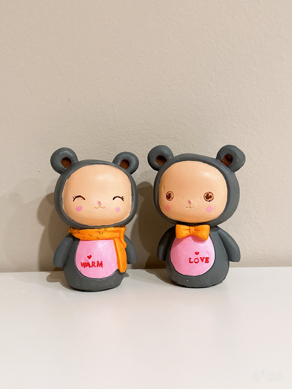 Valentines day special gift DIY - 3D cute plaster bear figurine statue sculpture for painting, bear ears costume warm love DIY crafts.