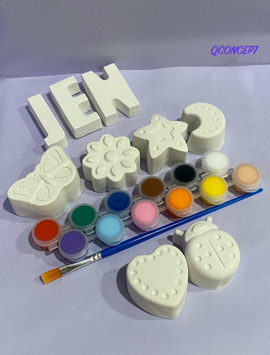 Personalized ceramic magnets painting kits - DIY craft kit for kids , customized magnets with names initials ornaments, fridge magnet ideas.